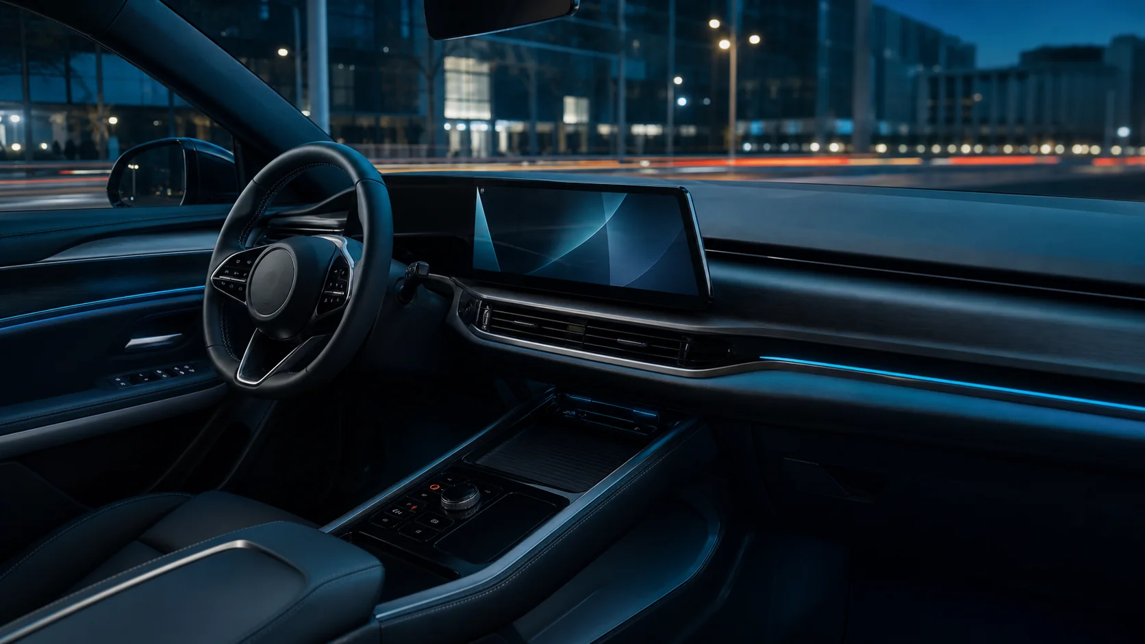 Modernes Fahrzeugcockpit bei Nacht