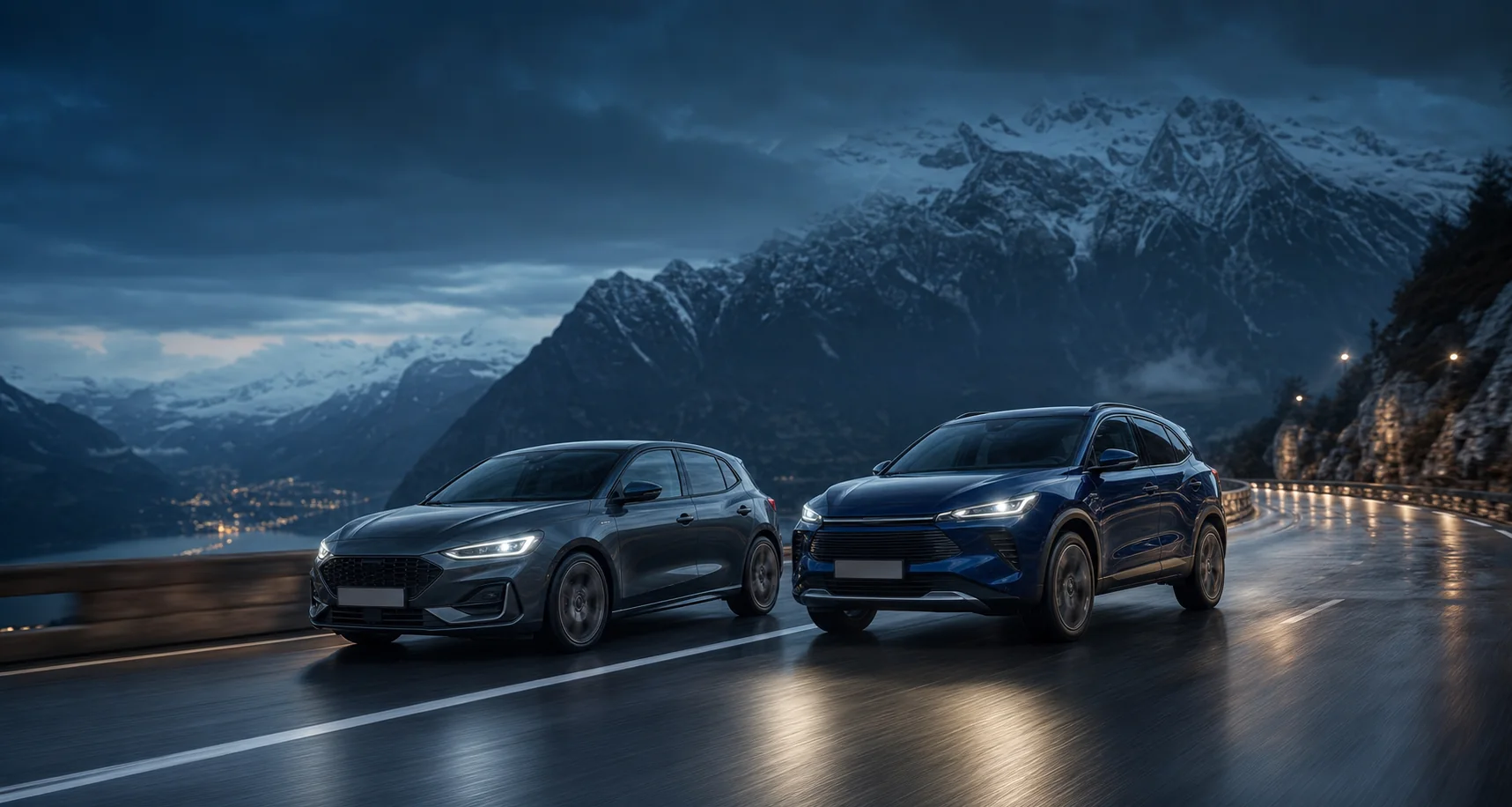Zwei moderne Autos auf einer Alpenstraße